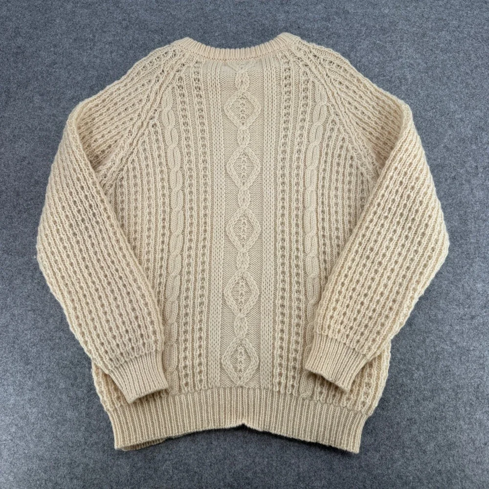 Mairtin Standun Irish Aran Wool Sweater Beige Cable Knit Crewneck Ireland L